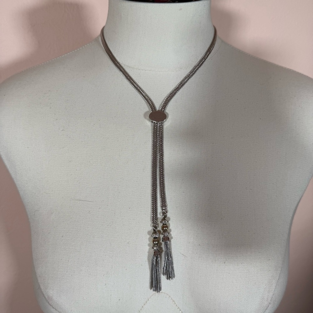 Monet 1960’s Silver Modernist Minimalist Lariat Necklace Bolo tie tassels - Picture 14 of 17
